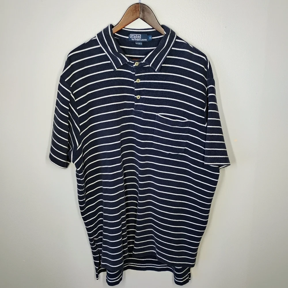 Polo Ralph Lauren Cotton Waffle Knit Polo Shirt‎ Stripes Pocket Preppy Size XL